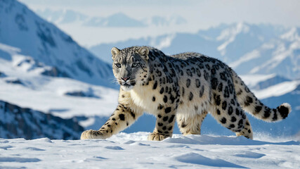 Obraz premium Snow leopard closeup prowling through snow draped mountains with distant cliffs