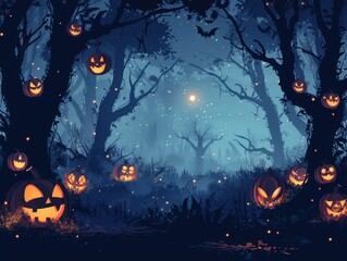 Enchanted forest with glowing jackolanterns, magical Halloween,