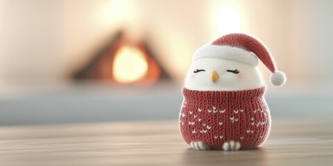 A festive owl dressed in a Santa outfit relaxes by a warm fireplace, captured in a charming 3D illustration that brings holiday cheer to life.