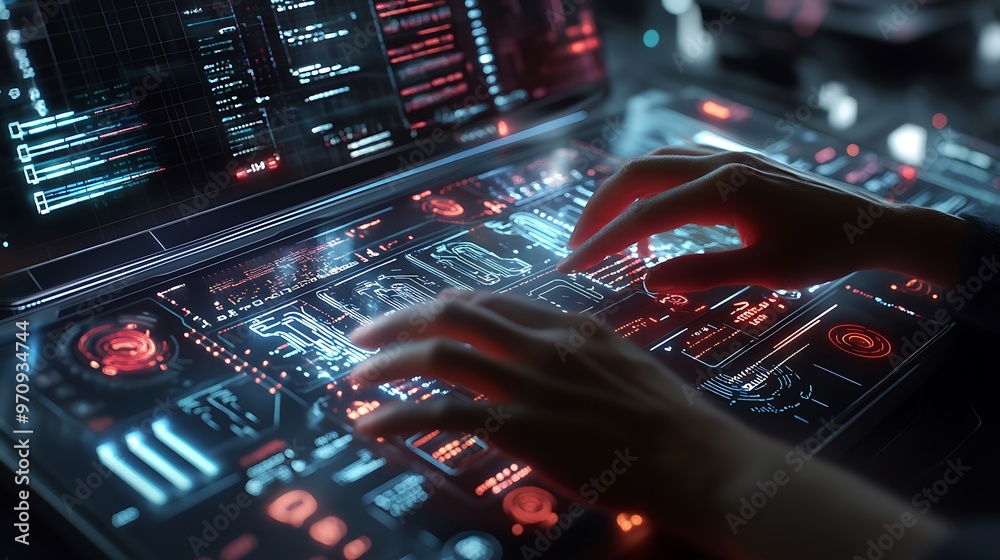 Poster Futuristic Interface with Glowing Hands Interacting with Digital Data