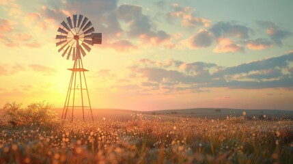 Picturesque countryside windmill silhouette backlit at sunset against a vibrant sky over a serene pastoral field landscape  Idyllic rural natural and environmental background