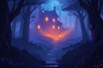 Fototapeta premium Enchanted forest with haunted house, eerie Halloween,