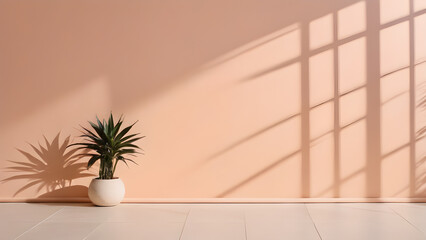 Fototapeta premium Interior of modern living room with plant in pot and shadows on wall