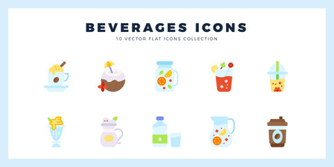 10 Beverages Flat icons pack. vector illustration.