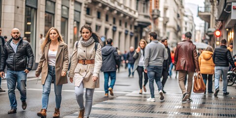 Naklejka premium wo Young Women Walking on a Busy City Street. wo stylish young women confidently navigate a bustling city street, surrounded by a diverse crowd of people.
