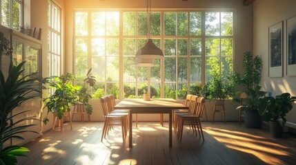 A tastefully decorated dining room with large windows: wooden floors: and a touch of greenery outside