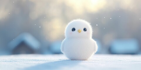 Obraz premium Charming owl dressed as a snowman, set against a picturesque snowy village scene, beautifully rendered in 3D.