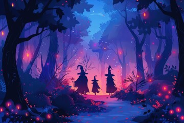 Fototapeta premium Enchanted forest with witches casting spells, Halloween magic