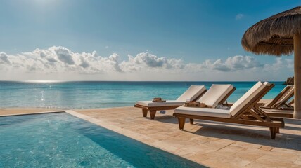 Beach vacation at a luxury resort with a panoramic infinity pool, deckchair, and hat 