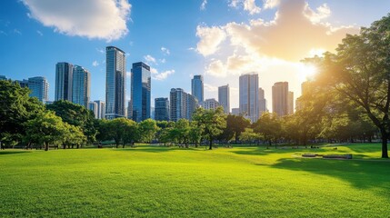 Fototapeta premium Modern Urban Skyline with Green Park on Sunny Day