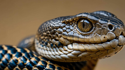 Obraz premium Cobra closeup showing hood and smooth scales with plain background