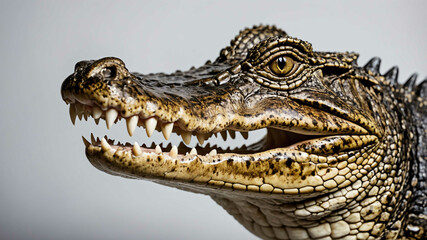 Obraz premium Crocodile closeup focusing on teeth and rough scales with plain background