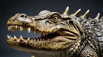 Obraz premium Crocodile closeup focusing on teeth and rough scales with plain background