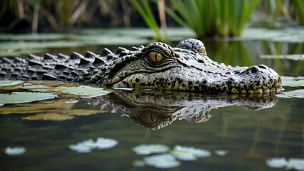 Fototapeta premium Crocodile closeup lurking in murky water with swamp plants around