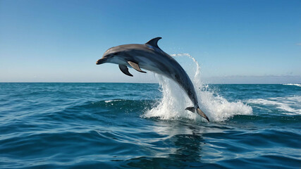 Fototapeta premium Dolphin closeup jumping out of the ocean with crashing waves around
