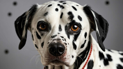 Dalmatian closeup showing spotted fur and long muzzle with plain background