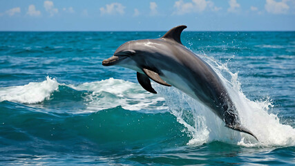 Fototapeta premium Dolphin closeup jumping out of the ocean with crashing waves around