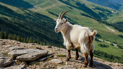 Fototapeta premium Goat closeup scaling a rocky mountain slope with a distant valley below