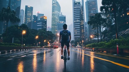 Obraz premium Cyclist on a Wet Street in the City