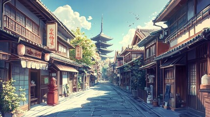 Obraz premium Lofi Beautiful Japanese Japan Village City Town in and Buddhist Temple Shinto Shrine Architecture- Anime Manga Style Cozy Chill Relax Interior Wallpaper Background 