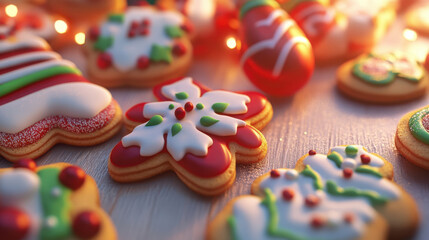 Obraz premium Delight in festive spirit with close up of traditional holiday cookies beautifully decorated in red and green. These sweet treats evoke warmth and joy during holiday season