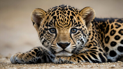 Jaguar cub closeup showing small rosettes and wide eyes with plain background