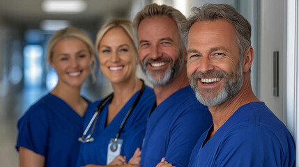 Doctors and nurses standing in a hospital hallway, casually discussing their day with smiles and laughter, a relaxed moment in between work, medical team, camaraderie, casual envir