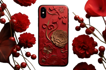 PNG  Chinese New Year style of smartphone flower plant red.
