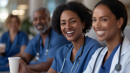 Fototapeta premium A group of nurses and doctors gathered in a brightly lit hospital lounge, some sitting on sofas, others standing, enjoying coffee and informal conversation, teamwork, medical staff