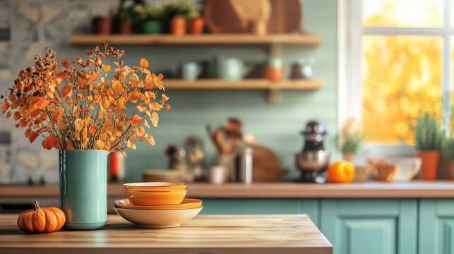 A cozy kitchen setting features an autumn-themed centerpiece with orange foliage in a blue vase on a wooden table, creating a warm and inviting ambiance of the fall season.