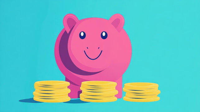 A cheerful pink piggy bank stands proudly among stacks of golden coins, symbolizing financial savings and smart money management. This vibrant illustration captures essence of saving money effectively