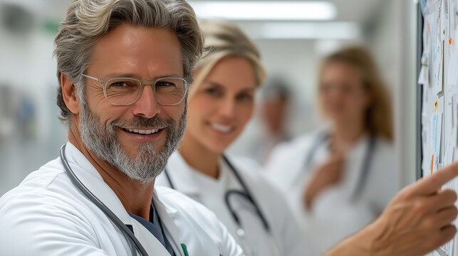 Hospital employees, including doctors and nurses, gathered around a bulletin board in the break room, pointing at notes and discussing upcoming events, the mood light and collabora