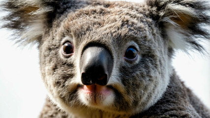 Koala closeup showing fluffy ears and rounded nose with plain background