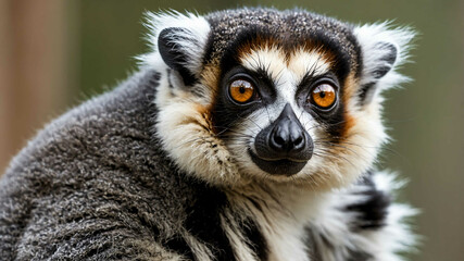 Fototapeta premium Lemur closeup showing large reflective eyes and fluffy face with plain background