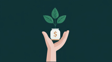A hand holding jar with dollar sign and plant growing from it symbolizes frugal living habits and careful money management. This image conveys importance of nurturing financial growth