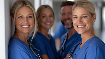Fototapeta premium A group of hospital employees casually leaning against the wall in a hospital hallway, smiling and chatting in between shifts, the mood light and social, teamwork, healthcare, cama