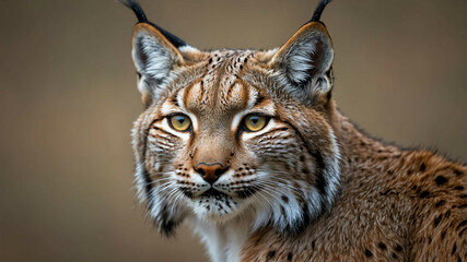 Fototapeta premium Lynx closeup of tufted ears and fierce eyes with plain background