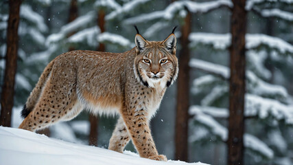 Fototapeta premium Lynx closeup prowling through snow covered forest with pine trees in the background