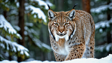 Fototapeta premium Lynx closeup prowling through snow covered forest with pine trees in the background
