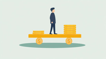 A person demonstrating financial discipline by balancing on platform with stacks of coins, symbolizing careful money management and savings