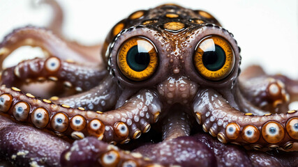 Fototapeta premium Octopus closeup of tentacles and large eyes with plain background