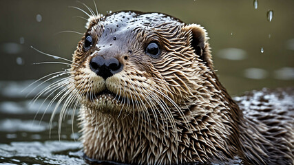 Obraz premium Otter closeup of wet fur and playful expression with plain background