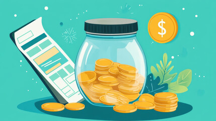 A jar full of coins symbolizes saving tips, surrounded by financial checklist and coins, conveying sense of financial planning and security