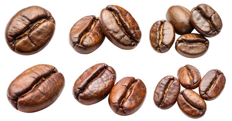 A set of coffee beans on a transparent background, close-up, macro shot. Concept of roasted and aromatic coffee beans.