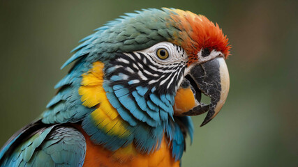 Fototapeta premium Parrot closeup of vibrant feathers and curved beak with plain background