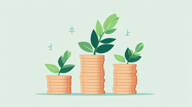 Growing stack of coins with plants symbolizes financial growth and investment. This illustration captures essence of prosperity and sustainability in finance