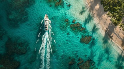 Aerial View of a Boat on Clear Blue Water and Tropical Beach