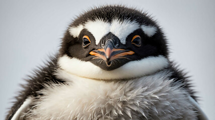 Fototapeta premium Penguin chick closeup of soft downy feathers with plain background