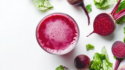 A glass of cold-pressed beetroot juice, isolated on a bright white background, perfect for a clean and healthy look