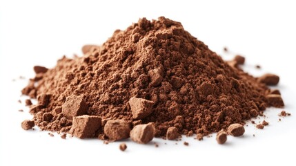 A heap of rich brown cocoa powder spread out on a clean white background, perfect for baking and ingredient visuals